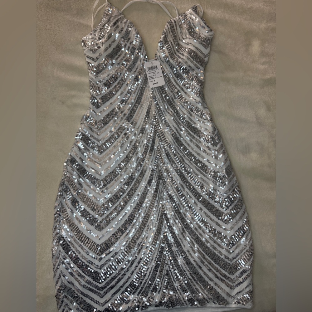 Windsor Silver and White Sequin Backless Dress
